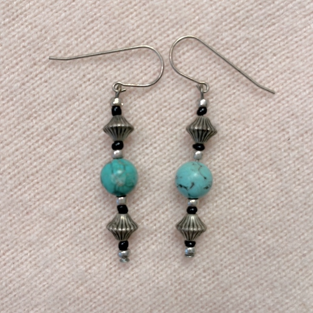 Silver & turquoise beaded drop earrings with french wires